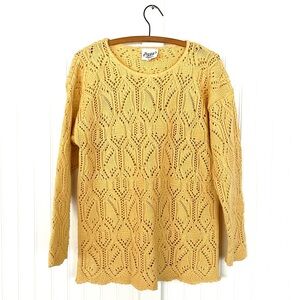 Vintage Cream Chunky Sweater Openwork Lace Knit Pointelle Holes Scalloped Hem LG